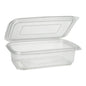 A transparent, rectangular Starpak 50 packaging cup with hinged lids from Starpak is open and empty and is shown against a plain white background.