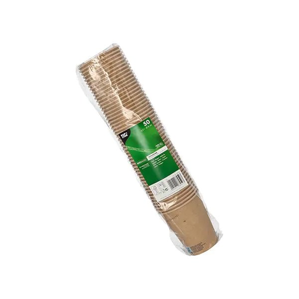 A transparent plastic packaging with 50 drinking cups from PAPSTAR GmbH, cardboard 0.2 l, with a green label with product information, stands on a plain white background.