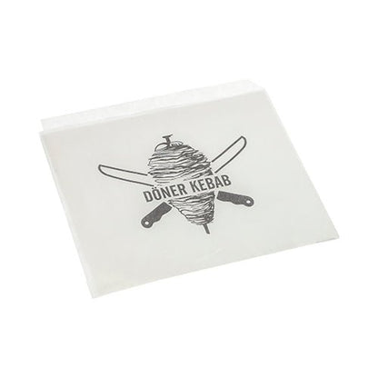 The PAPSTAR doner kebab bags 16x16 cm (white, shrink wrap, 1000 pieces) from PAPSTAR GmbH feature a doner skewer with crossed knives and "DONER KEBAB" - the ideal packaging solution for snack bars.
