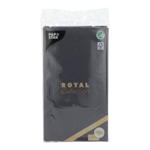 Pictured is a PAPSTAR tablecloth from the ROYAL Collection (120 x 180 cm) by PAPSTAR GmbH. The packaging features gold-white text, logos, and an FSC seal – perfect for an elegantly set table.
