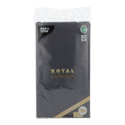 Pictured is a PAPSTAR tablecloth from the ROYAL Collection (120 x 180 cm) by PAPSTAR GmbH. The packaging features gold-white text, logos, and an FSC seal – perfect for an elegantly set table.