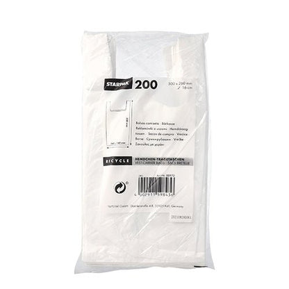 A transparent plastic package contains 200 Starpak shirt carrier bags, white HDPE. The packaging shows the Starpak brand, product details, and an eco-friendly recycling symbol in multiple languages.