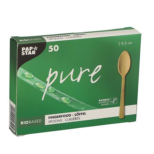 A green "pure" box from PAPSTAR GmbH contains 50 eco-friendly finger food spoons made of bamboo (9.5 cm) in a folding box; the packaging shows water droplets on a leaf.