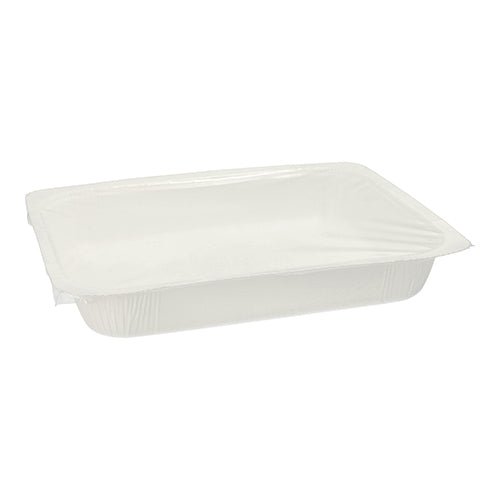The Starpak 180 sealing trays are rectangular, white 1200 ml paper containers (4.2 x 18.9 x 24.8 cm) with a secure transparent lid, perfect for innovative packaging solutions; depicted empty against a white background.