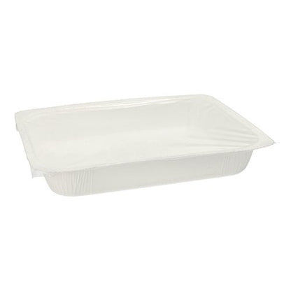 The Starpak 180 sealing trays are rectangular, white 1200 ml paper containers (4.2 x 18.9 x 24.8 cm) with a secure transparent lid, perfect for innovative packaging solutions; depicted empty against a white background.