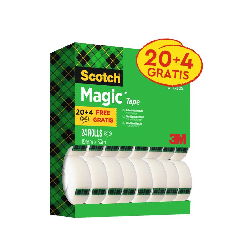 The Scotch® Magic™ Invisible Tape Value Pack from 3M contains 24 rolls (19 mm x 33 m) in green plaid packaging; the yellow-red "20+4 FREE" label and the 3M logo are visible.