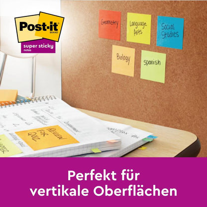 A corkboard with yellow Post-it® Notes (76x76 mm, 90 sheets/block, 6 blocks, 100% PEFC, from 3M Deutschland GmbH) shows various subjects. Text: "Perfect for vertical surfaces." PEFC-certified sticky notes.