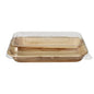 The Starpak 10 Bowls, Palm Leaf with rPET Lid 'Combo Pack' by Starpak is shown closed, featuring a transparent, flip-open lid made of recycled PET and holds a single rectangular piece of cake or dessert inside.