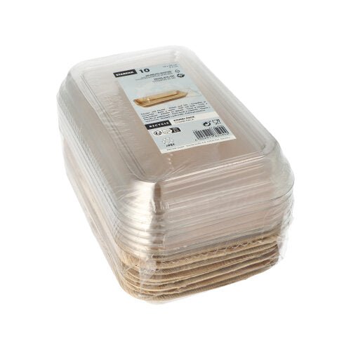 A stack of Starpak 10 Bowls, Palm Leaf with rPET Lid 'Combo Pack' disposable bowls is packed together and wrapped in plastic film on a plain white background. A product label of the Starpak brand is visible on top.