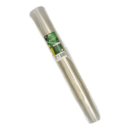 A pack of 60 crystal-clear PAPSTAR "pure" PLA beer cups (0.2 l, Ø 7.05 cm, 12.4 cm) from PAPSTAR GmbH is depicted with a green-white label in a transparent plastic packaging on a white background.