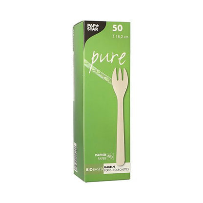 A white, rectangular box with PAPSTAR 50 forks, paper "pure" 18.2 cm white from PAPSTAR GmbH shows a single fork image on the front, "50" and "18.2 cm" on top, and product details below.