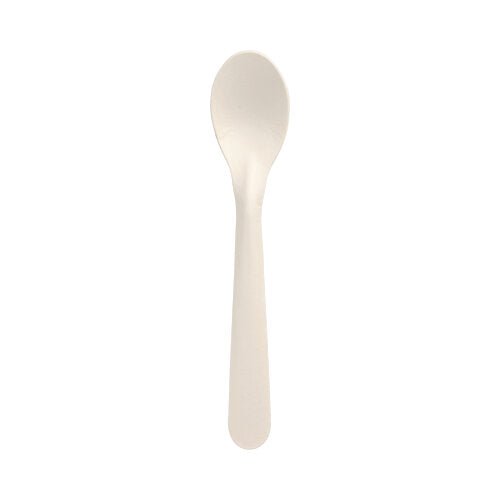 On a white background is a PAPSTAR Paper spoons from the 50-pack “pure” (17.6 cm, white) from the PAPSTAR A GmbH depicted with the front side facing up—a sustainable paper alternative to plastic cutlery.