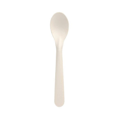 On a white background is a PAPSTAR Paper spoons from the 50-pack “pure” (17.6 cm, white) from the PAPSTAR A GmbH depicted with the front side facing up—a sustainable paper alternative to plastic cutlery.