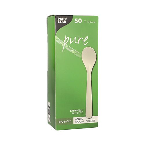A white box labeled “PAPSTAR "pure" of the PAPSTAR The package contains 50 paper spoons, each 17.6 cm long. The packaging features a spoon motif and promotes the bio-based, sustainable cutlery as an eco-friendly alternative.