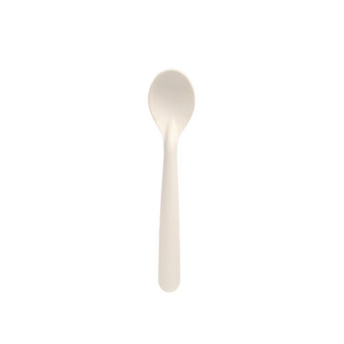 A PAPSTAR 50 coffee spoon, paper "pure" 14.5 cm white from PAPSTAR GmbH stands centered on a white background. The simple white spoon offers a sustainable alternative for daily use and is delivered in a folding box of 50 pieces.