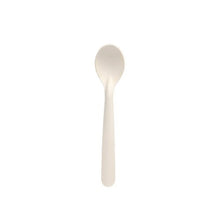A PAPSTAR 50 coffee spoon, paper "pure" 14.5 cm white from PAPSTAR GmbH stands centered on a white background. The simple white spoon offers a sustainable alternative for daily use and is delivered in a folding box of 50 pieces.