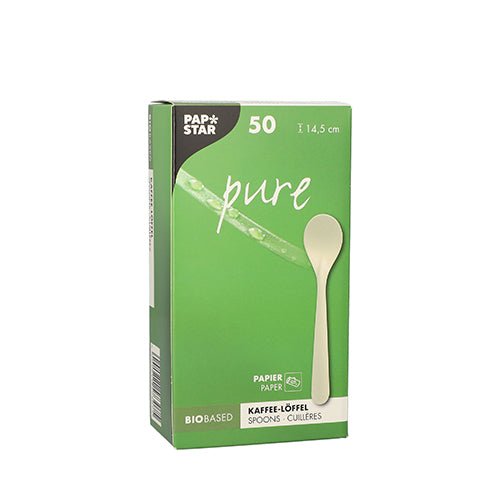 A white box with the inscription "PAPSTAR pure" contains 50 sustainable coffee spoons made of paper, each with a length of 14.5 cm. The folding box from PAPSTAR GmbH offers an environmentally friendly alternative for your coffee enjoyment.