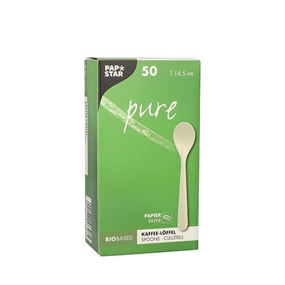A white box with the inscription "PAPSTAR pure" contains 50 sustainable coffee spoons made of paper, each with a length of 14.5 cm. The folding box from PAPSTAR GmbH offers an environmentally friendly alternative for your coffee enjoyment.