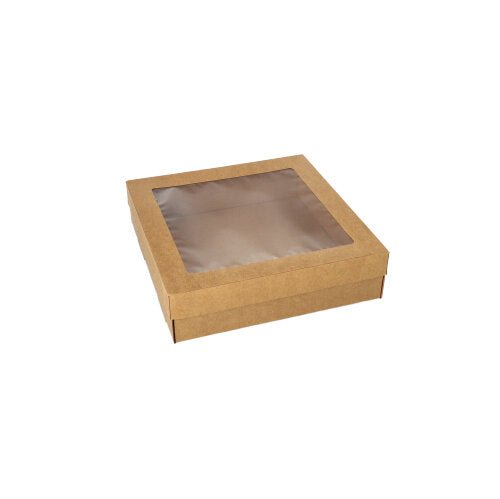 The Starpak 25 transport and catering box made of brown cardboard with a separate lid and PET window is the ideal packaging solution for presentation and transport.