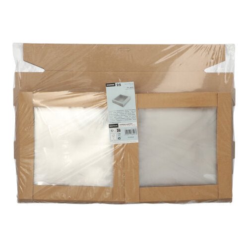 A package with 25 Starpak square brown transport and catering boxes made of cardboard with a separate lid and PET window - practical packaging solution, ideal for transport and catering.