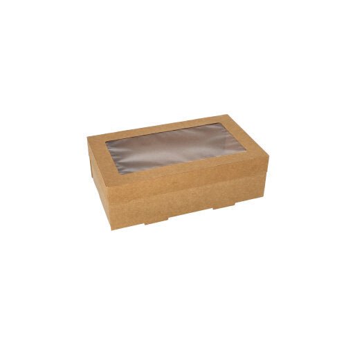 A Starpak 25 transport and catering box made of brown cardboard, square with a separate lid and PET window, stands against a white background.
