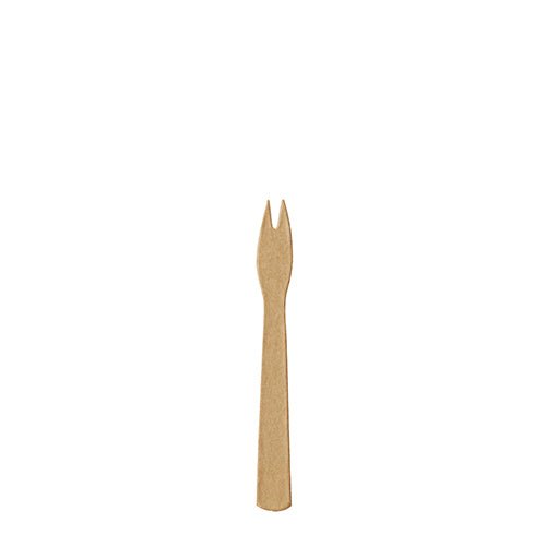 A single small, brown PAPSTAR 250 French fry fork paper "pure" from PAPSTAR GmbH with two prongs is centered on a plain white background.