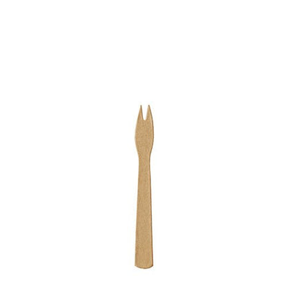 A single small, brown PAPSTAR 250 French fry fork paper "pure" from PAPSTAR GmbH with two prongs is centered on a plain white background.