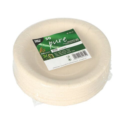 A stack of white, round disposable plates of type PAPSTAR 50 plate "pure", made from agricultural residues, biodegradable and environmentally friendly, wrapped in plastic foil and labeled with a green-white sticker of PAPSTAR GmbH.