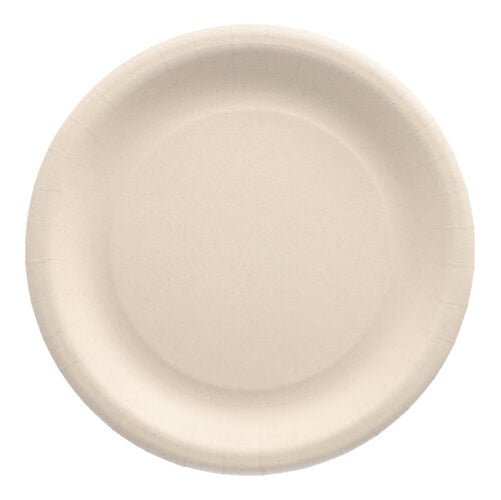 A round, white disposable plate made from agricultural residues by PAPSTAR GmbH (Model: PAPSTAR 50 plate "pure"), environmentally friendly and seen from above on a white background.