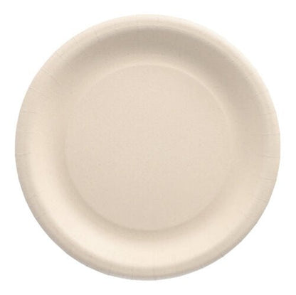 A round, white disposable plate made from agricultural residues by PAPSTAR GmbH (Model: PAPSTAR 50 plate "pure"), environmentally friendly and seen from above on a white background.