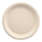 A round, white disposable plate made from agricultural residues by PAPSTAR GmbH (Model: PAPSTAR 50 plate "pure"), environmentally friendly and seen from above on a white background.