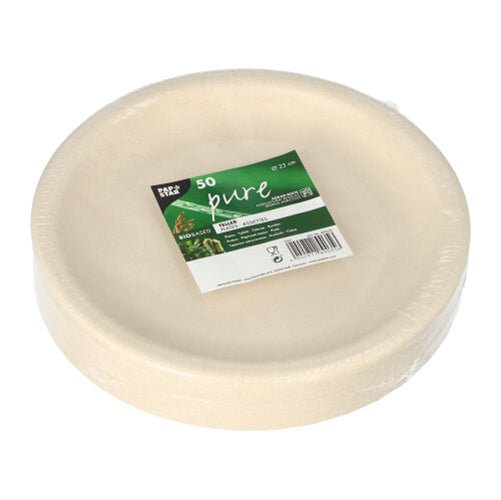 A stack of round, white disposable plates made from agricultural residues by PAPSTAR GmbH, packaged in foil with a green-white label "50 pure" and product information.