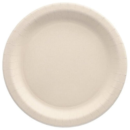 The PAPSTAR 50 plate, agricultural residues "pure" round white by PAPSTAR GmbH is a simple, round white disposable plate with a fluted edge - an environmentally friendly way to serve food.