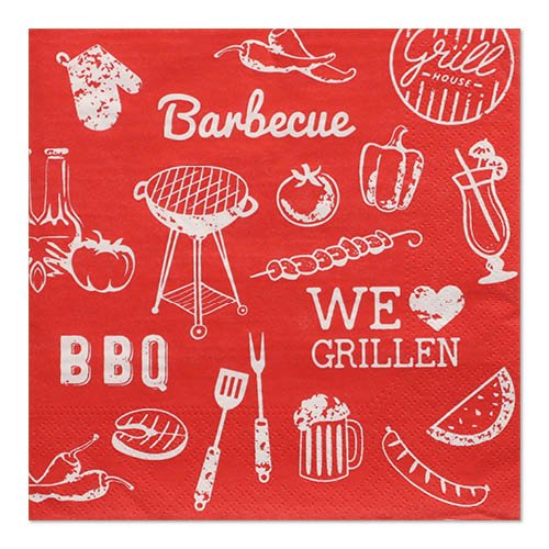 The 30 3-ply napkins (33 x 33 cm, 1/4-fold) from PAPSTAR GmbH consist of red napkins with white grill motifs – grill, tools, food, drinks, and sayings like “Barbecue”, “BBQ” and “WE ♥ GRILLING” – ideal for any barbecue event.