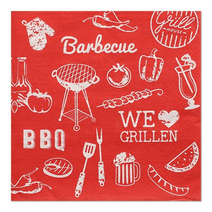 The 30 3-ply napkins (33 x 33 cm, 1/4-fold) from PAPSTAR GmbH consist of red napkins with white grill motifs – grill, tools, food, drinks, and sayings like “Barbecue”, “BBQ” and “WE ♥ GRILLING” – ideal for any barbecue event.