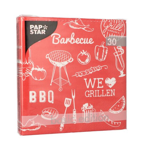 A red pack of 30 3-ply napkins (33 x 33 cm, 1/4-fold) from PAPSTAR GmbH features white grill motifs and texts like “Barbecue”, “BBQ” and “We love grilling.”