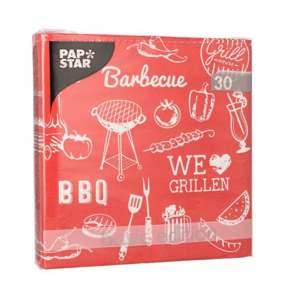 A red pack of 30 3-ply napkins (33 x 33 cm, 1/4-fold) from PAPSTAR GmbH features white grill motifs and texts like “Barbecue”, “BBQ” and “We love grilling.”