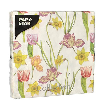 A pack of PAPSTAR 20 napkins, 33x33 cm, 3-ply, with a tulip and daffodil flower pattern in pink, yellow, and green on white. Brand: PAPSTAR GmbH. Wrapped in clear plastic. Design Set 1, folded 1/4.