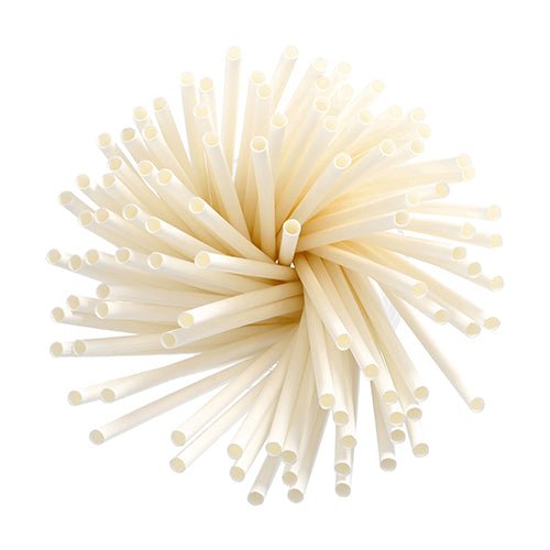 A bundle of PAPSTAR 100 straws, paper Ø 6 mm from PAPSTAR GmbH is arranged in a circular, radial pattern and viewed from above on a white background.