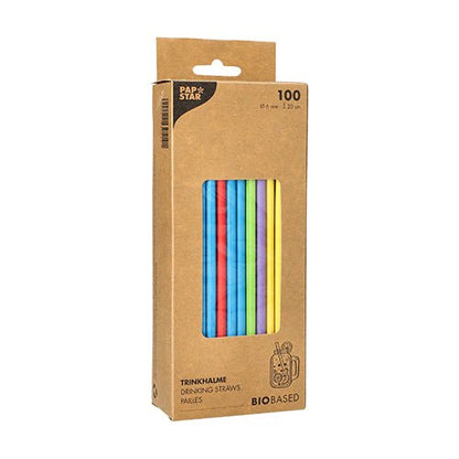 The box of PAPSTAR GmbH contains 100 PAPSTAR 6 mm paper straws in blue, red, yellow, and green. The cardboard box has a small viewing window for the straws and shows product information in black print on the front.