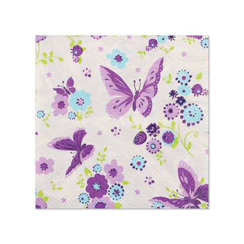 PAPSTAR 20 napkins (25 x 25 cm, 3-ply, 1/4-fold) from PAPSTAR GmbH feature purple butterflies and blue, purple, and green flowers on white – ideal for adding charm to your table decoration.