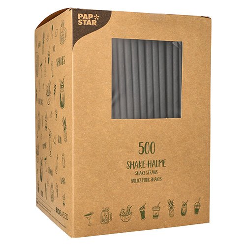 A brown box from PAPSTAR GmbH with the inscription "PAPSTAR 500 shake straws paper Ø 8 mm · 25 cm" contains 500 eco-friendly paper drinking straws, visible through a window with black straws and beverage and fruit images on the sides.