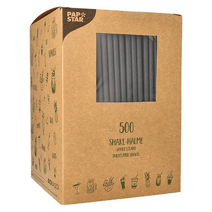 A brown box from PAPSTAR GmbH with the inscription "PAPSTAR 500 shake straws paper Ø 8 mm · 25 cm" contains 500 eco-friendly paper drinking straws, visible through a window with black straws and beverage and fruit images on the sides.