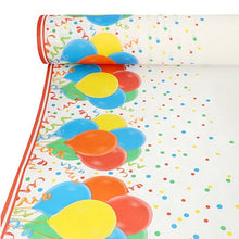The Starpak tablecloth, fabric-like, fleece "soft selection plus" features colorful balloons, confetti dots, and streamers at the edges on a white background with a red border.