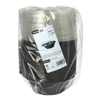 A pack of 25 black Starpak 'Snap It' salad bowls (PET, 600 ml, Ø16.6 cm, 5.9 cm) with a clear R-PET lid, wrapped in plastic film and featuring a white label on the front with product details and barcode.