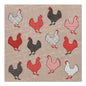 The PAPSTAR 20 napkins from PAPSTAR GmbH (33 x 33 cm, 3-ply, Design Set 5) feature a geometric and dotted chicken pattern in black, white, and red on a light brown background with faint lettering.