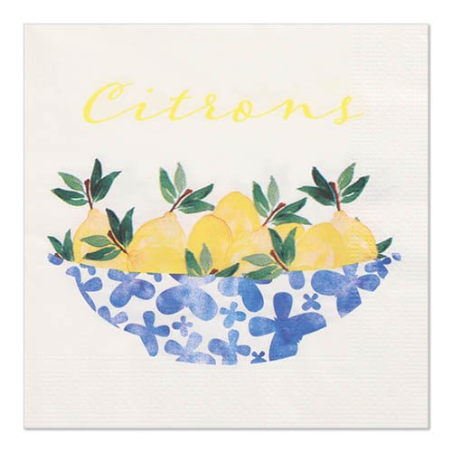 A decorative napkin with yellow lemons with green leaves in a blue and white bowl, above it "Citrons" in yellow script on a white background. PAPSTAR 20 napkins, 33x33cm, 3-ply, Set 5 from PAPSTAR GmbH - perfect for your set table.