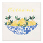 A decorative napkin with yellow lemons with green leaves in a blue and white bowl, above it "Citrons" in yellow script on a white background. PAPSTAR 20 napkins, 33x33cm, 3-ply, Set 5 from PAPSTAR GmbH - perfect for your set table.