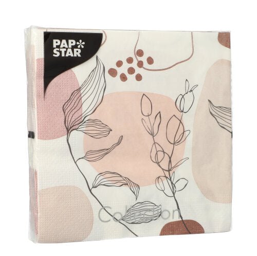 PAPSTAR GmbH 20 napkins, 33x33cm, 3-ply, in abstract Design Set 5 with beige-pink shapes and black leaf and berry line drawings. The napkins are packed in clear plastic.