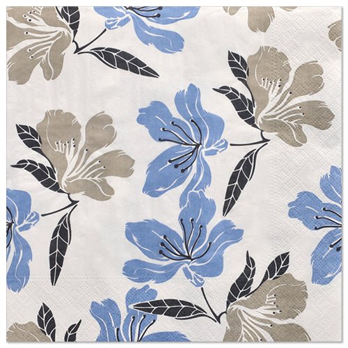 PAPSTAR 20 napkins (40 cm x 40 cm, 3-ply, 1/4-fold) from PAPSTAR GmbH feature a repeating blue-beige floral pattern with black leaves and stems on white, adding elegance to any set table.